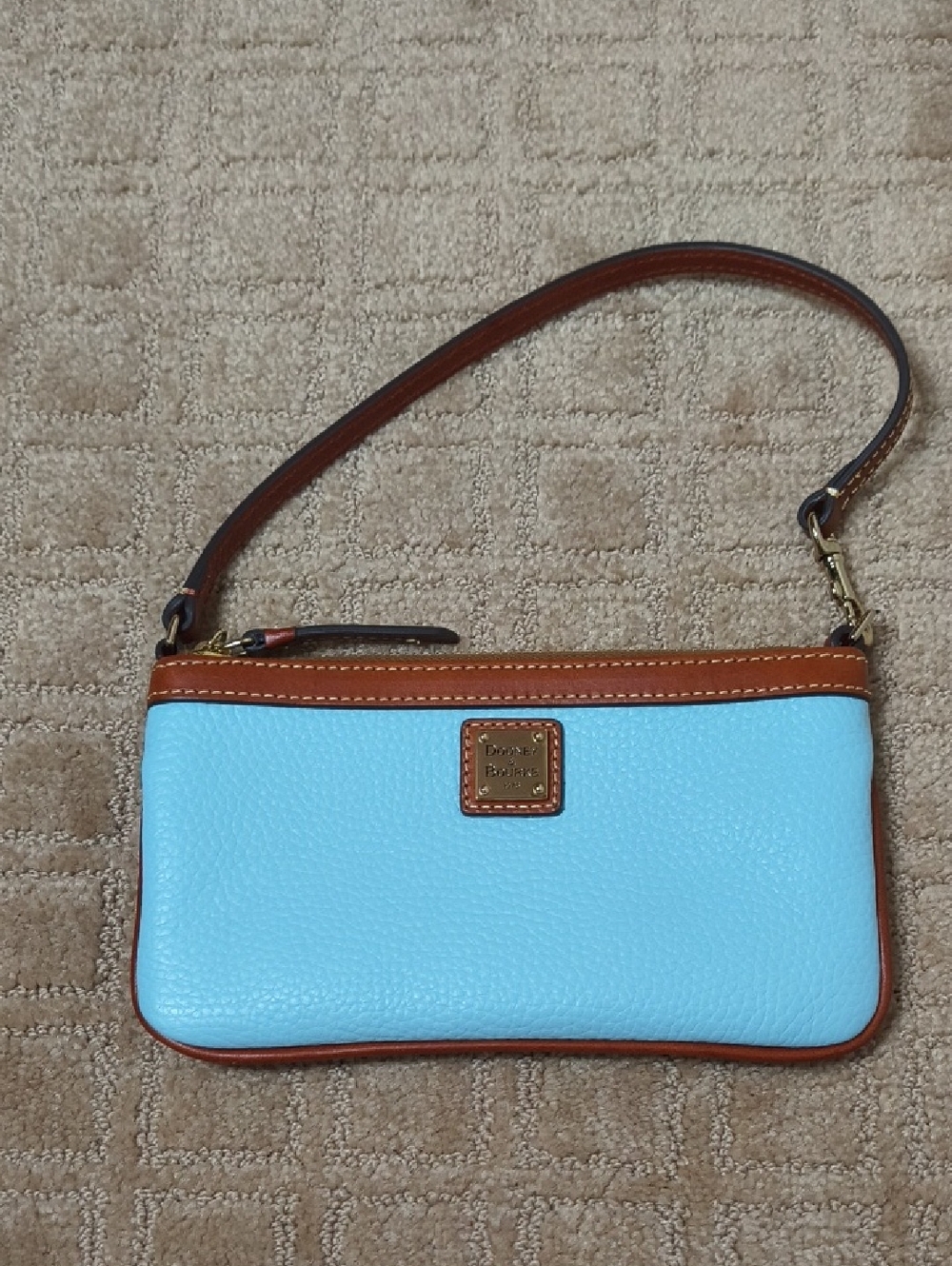Dooney & Bourke Light Baby Blue Leather Wristlet with Brown Trim